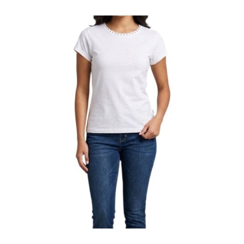 Just Polly White Short Sleeve Crew Neck Studded Casual Basic T-Shirt Jr XS